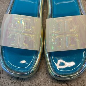 Tory Burch Blue Iridescent Bubble Slide Womens Size 10B